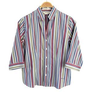 Orvis Top Womens size 10 Button Down No Wrinkle Stripe Multicolor Logo Unisex